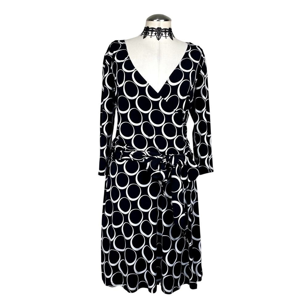 AB Studio Patterned Faux Wrap Tie Corp Goth Whimsigoth Office Siren Midi Dress L